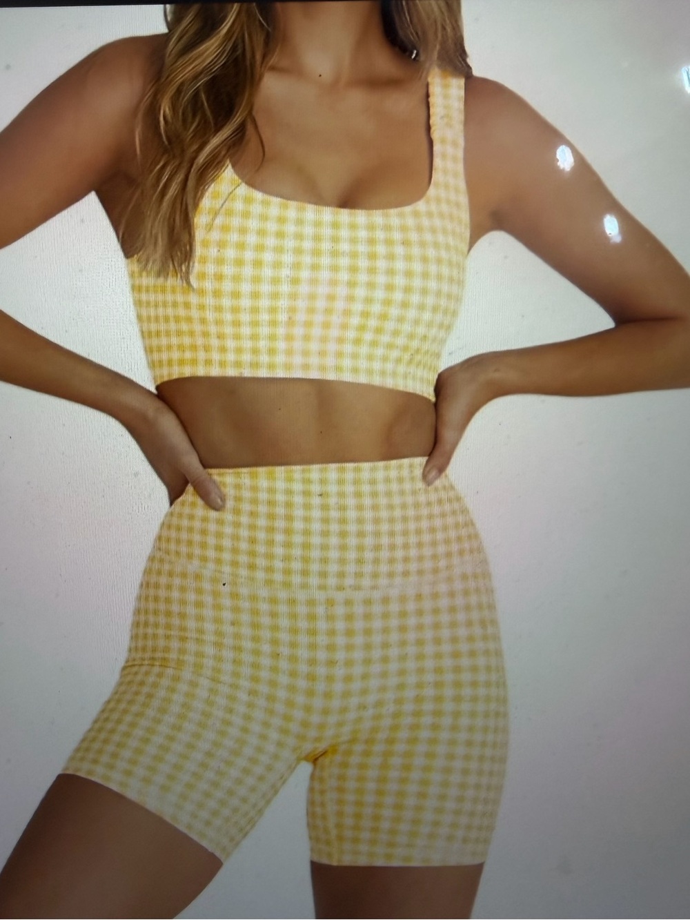 Gingham Scoop Neck Crop Top Sports Bra & Short Workout Set - NWT- Size XXL